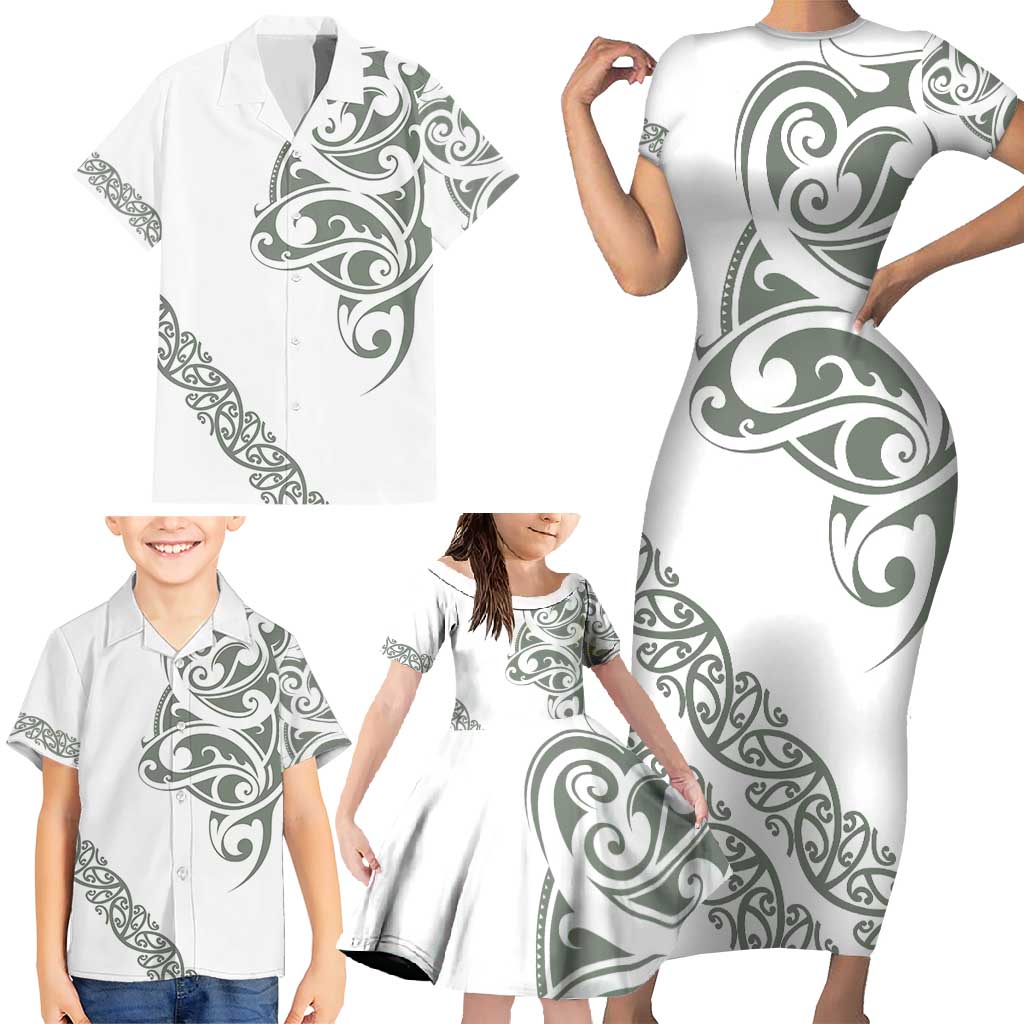 All White Maori Tribal Tattoo Personalised Family Matching Short Sleeve Bodycon Dress and Hawaiian Shirt Moss Green Polynesian Style - Polynesian Pride