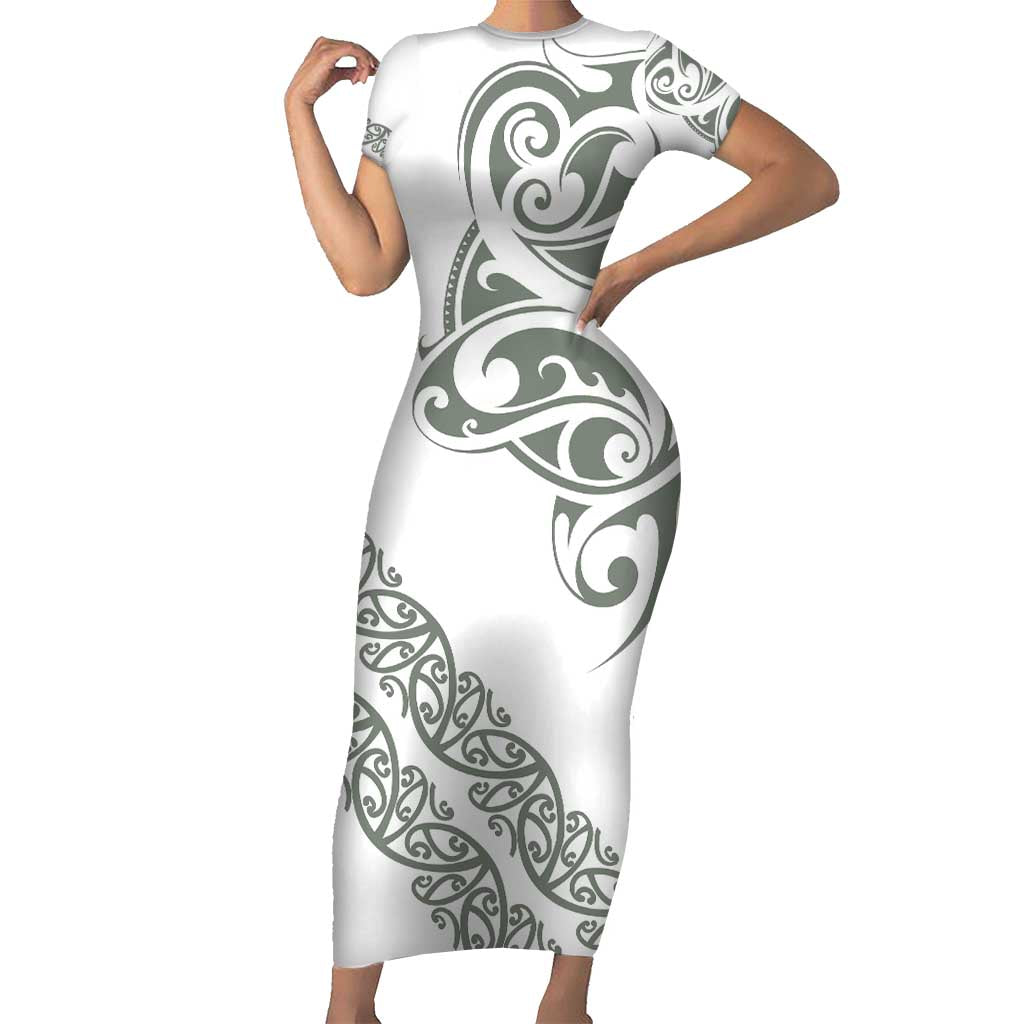 All White Maori Tribal Tattoo Personalised Family Matching Short Sleeve Bodycon Dress and Hawaiian Shirt Moss Green Polynesian Style - Polynesian Pride
