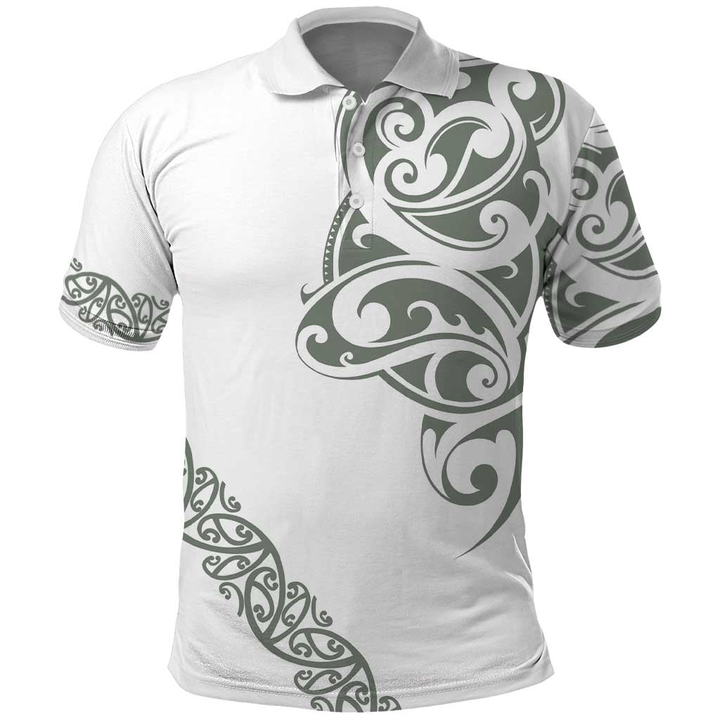 All White Maori Tribal Tattoo Personalised Polo Shirt Moss Green Polynesian Style - Polynesian Pride