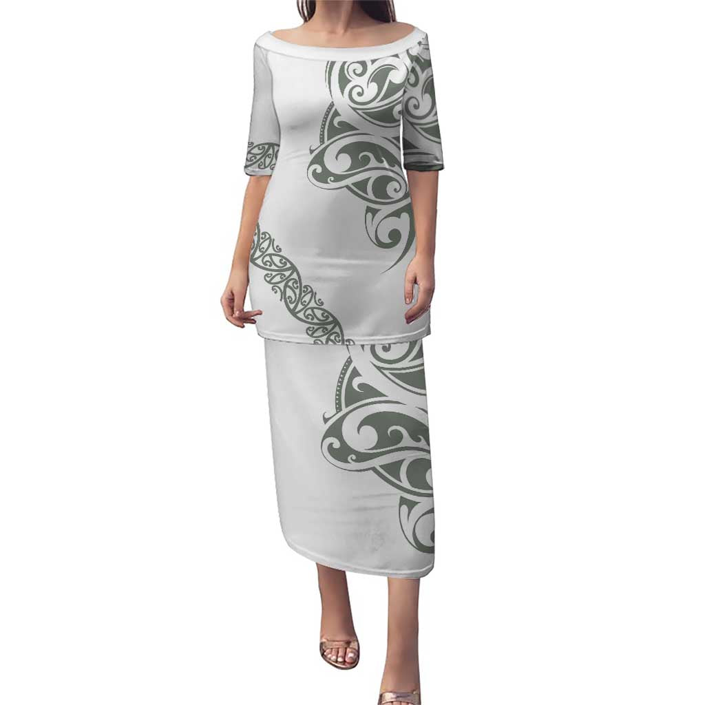All White Maori Tribal Tattoo Personalised Puletasi Moss Green Polynesian Style LT9 Long Dress Green - Polynesian Pride