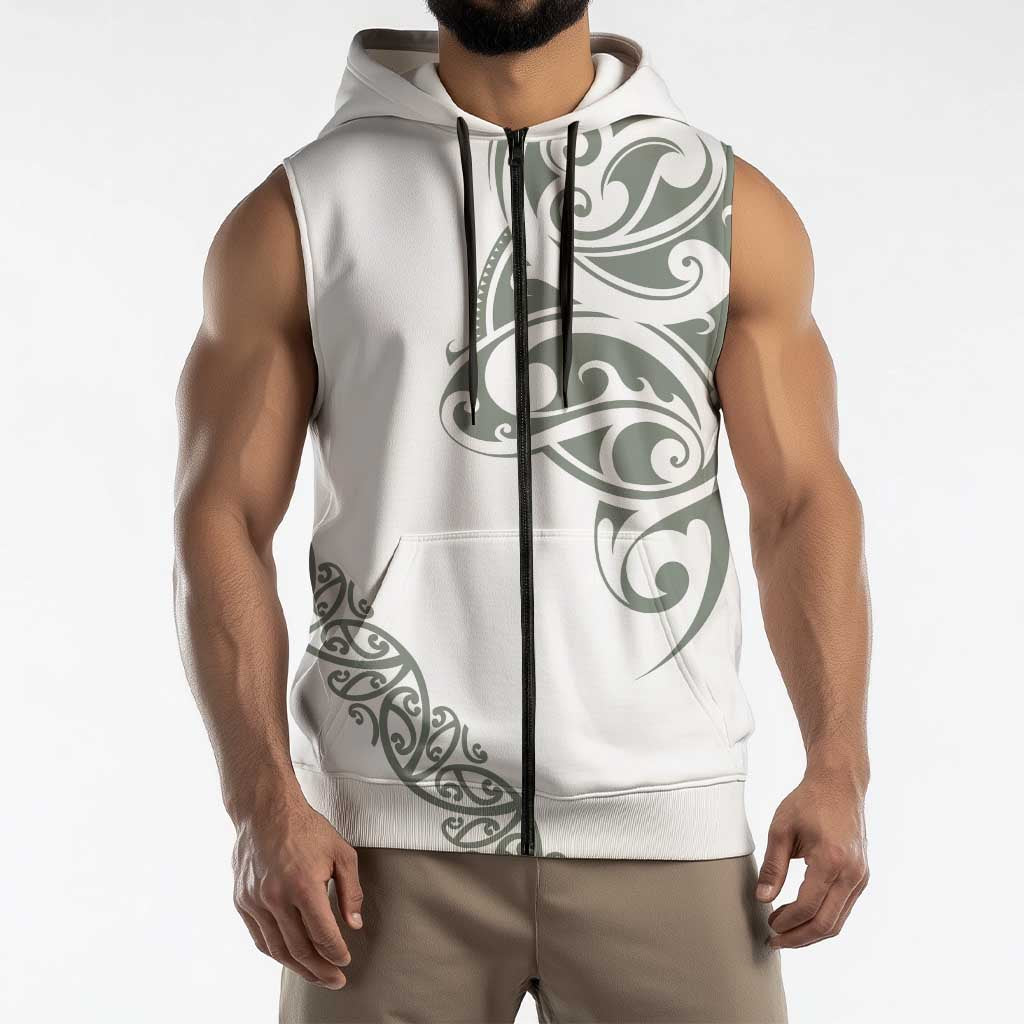 All White Maori Tribal Tattoo Personalised Sleeveless Zip Hoodie Moss Green Polynesian Style LT9 - Polynesian Pride