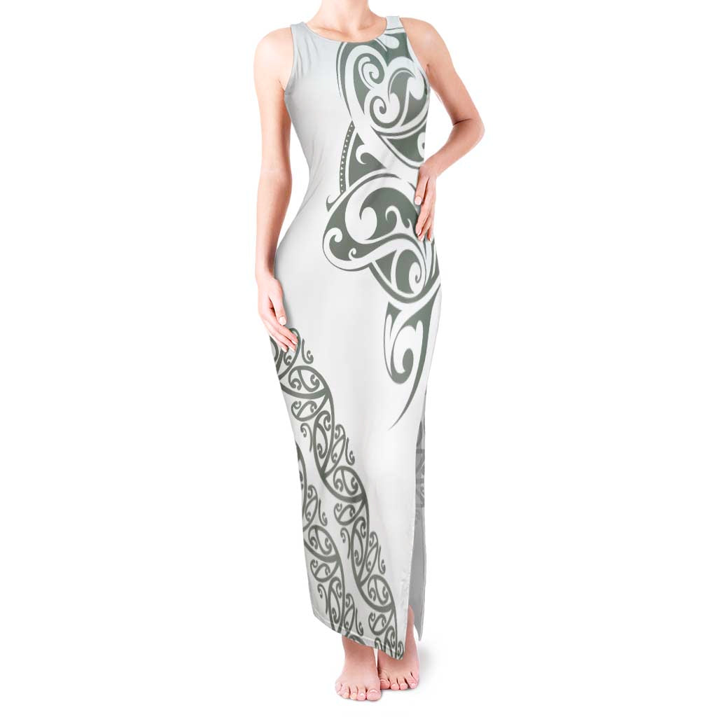All White Maori Tribal Tattoo Personalised Tank Maxi Dress Moss Green Polynesian Style - Polynesian Pride