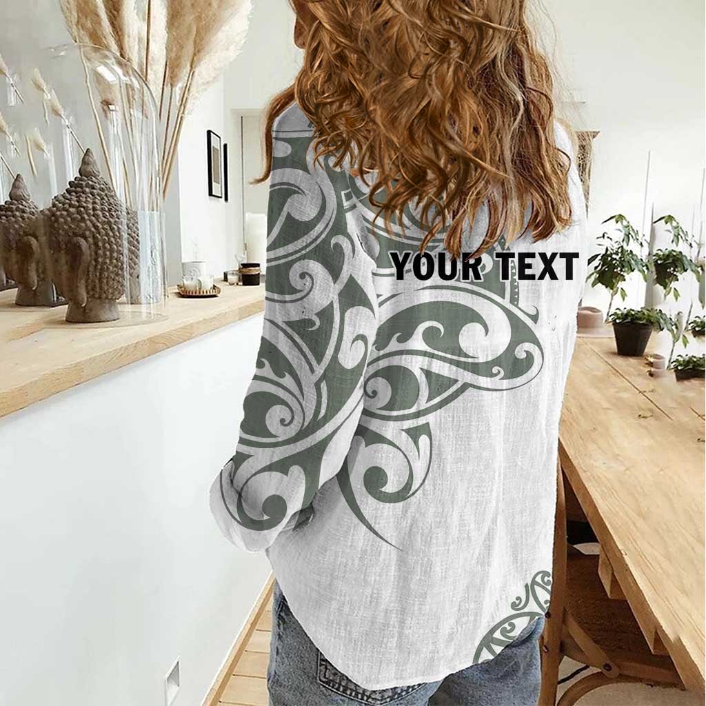 All White Maori Tribal Tattoo Personalised Women Casual Shirt Moss Green Polynesian Style - Polynesian Pride