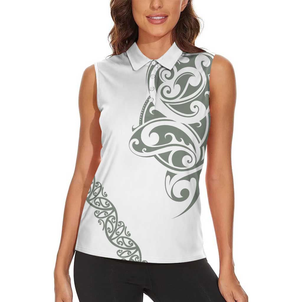 All White Maori Tribal Tattoo Personalised Women Sleeveless Polo Shirt Moss Green Polynesian Style - Polynesian Pride