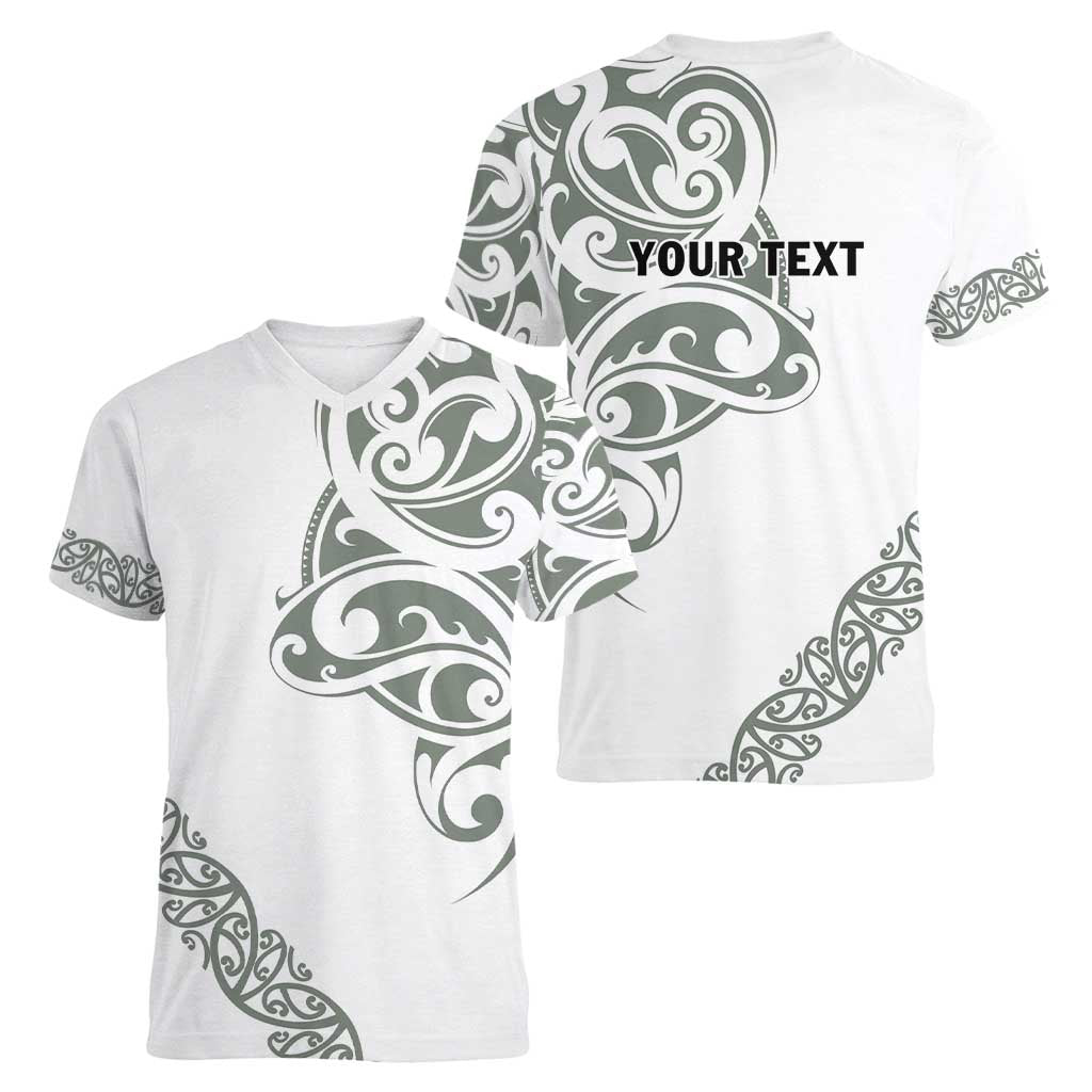 All White Maori Tribal Tattoo Personalised Women V-Neck T-Shirt Moss Green Polynesian Style LT9 - Polynesian Pride