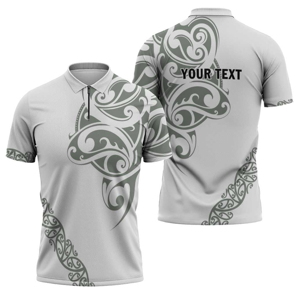 All White Maori Tribal Tattoo Personalised Zipper Polo Shirt Moss Green Polynesian Style - Polynesian Pride