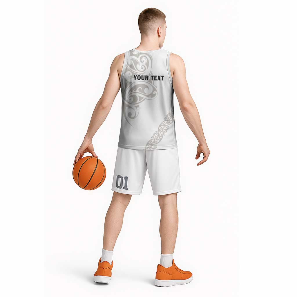 All White Maori Tribal Tattoo Personalised Basketball Jersey Stone Gray Polynesian Style - Polynesian Pride