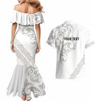 All White Maori Tribal Tattoo Personalised Couples Matching Mermaid Dress and Hawaiian Shirt Stone Gray Polynesian Style - Polynesian Pride