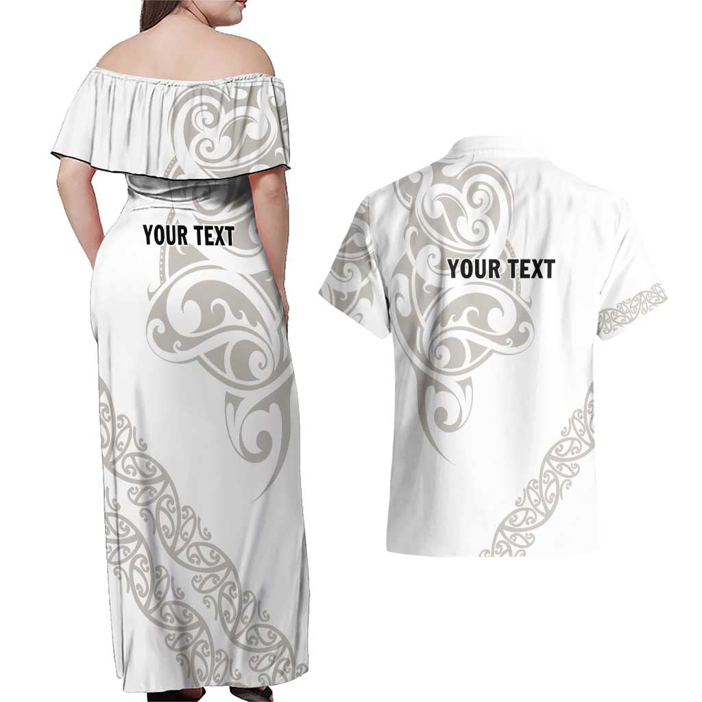 All White Maori Tribal Tattoo Personalised Couples Matching Off Shoulder Maxi Dress and Hawaiian Shirt Stone Gray Polynesian Style - Polynesian Pride