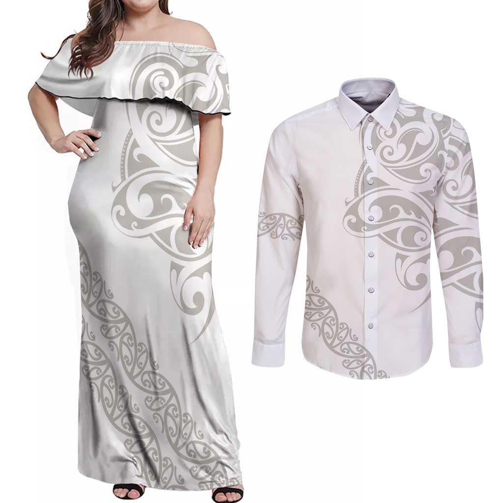 All White Maori Tribal Tattoo Personalised Couples Matching Off Shoulder Maxi Dress and Long Sleeve Button Shirt Stone Gray Polynesian Style - Polynesian Pride