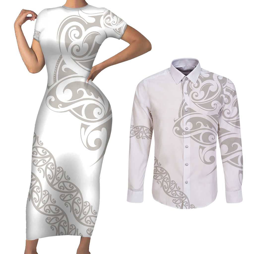 All White Maori Tribal Tattoo Personalised Couples Matching Short Sleeve Bodycon Dress and Long Sleeve Button Shirt Stone Gray Polynesian Style - Polynesian Pride