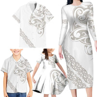 All White Maori Tribal Tattoo Personalised Family Matching Long Sleeve Bodycon Dress and Hawaiian Shirt Stone Gray Polynesian Style - Polynesian Pride