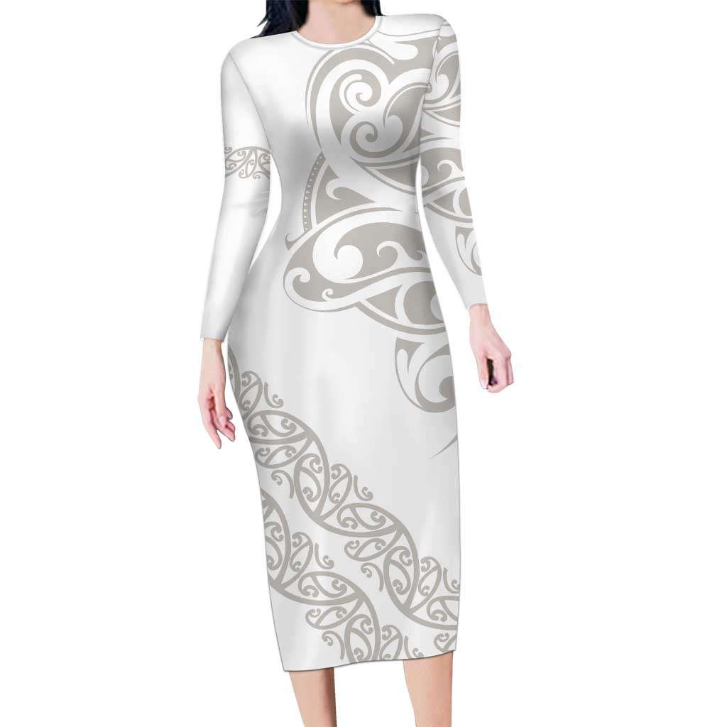 All White Maori Tribal Tattoo Personalised Family Matching Long Sleeve Bodycon Dress and Hawaiian Shirt Stone Gray Polynesian Style - Polynesian Pride