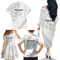 All White Maori Tribal Tattoo Personalised Family Matching Off The Shoulder Long Sleeve Dress and Hawaiian Shirt Stone Gray Polynesian Style - Polynesian Pride