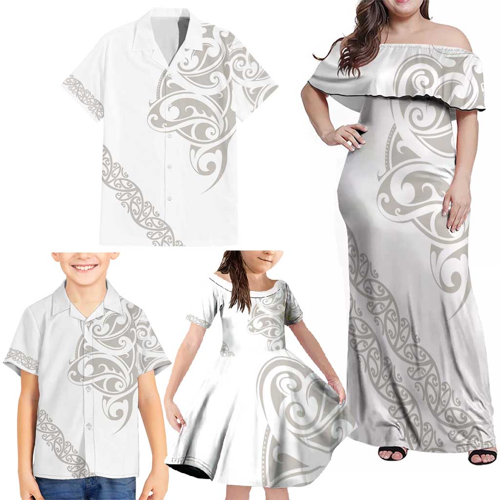 All White Maori Tribal Tattoo Personalised Family Matching Off Shoulder Maxi Dress and Hawaiian Shirt Stone Gray Polynesian Style - Polynesian Pride