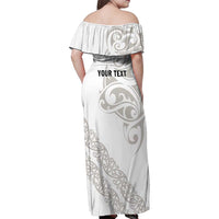 All White Maori Tribal Tattoo Personalised Family Matching Off Shoulder Maxi Dress and Hawaiian Shirt Stone Gray Polynesian Style - Polynesian Pride