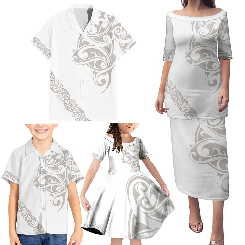 All White Maori Tribal Tattoo Personalised Family Matching Puletasi and Hawaiian Shirt Stone Gray Polynesian Style - Polynesian Pride