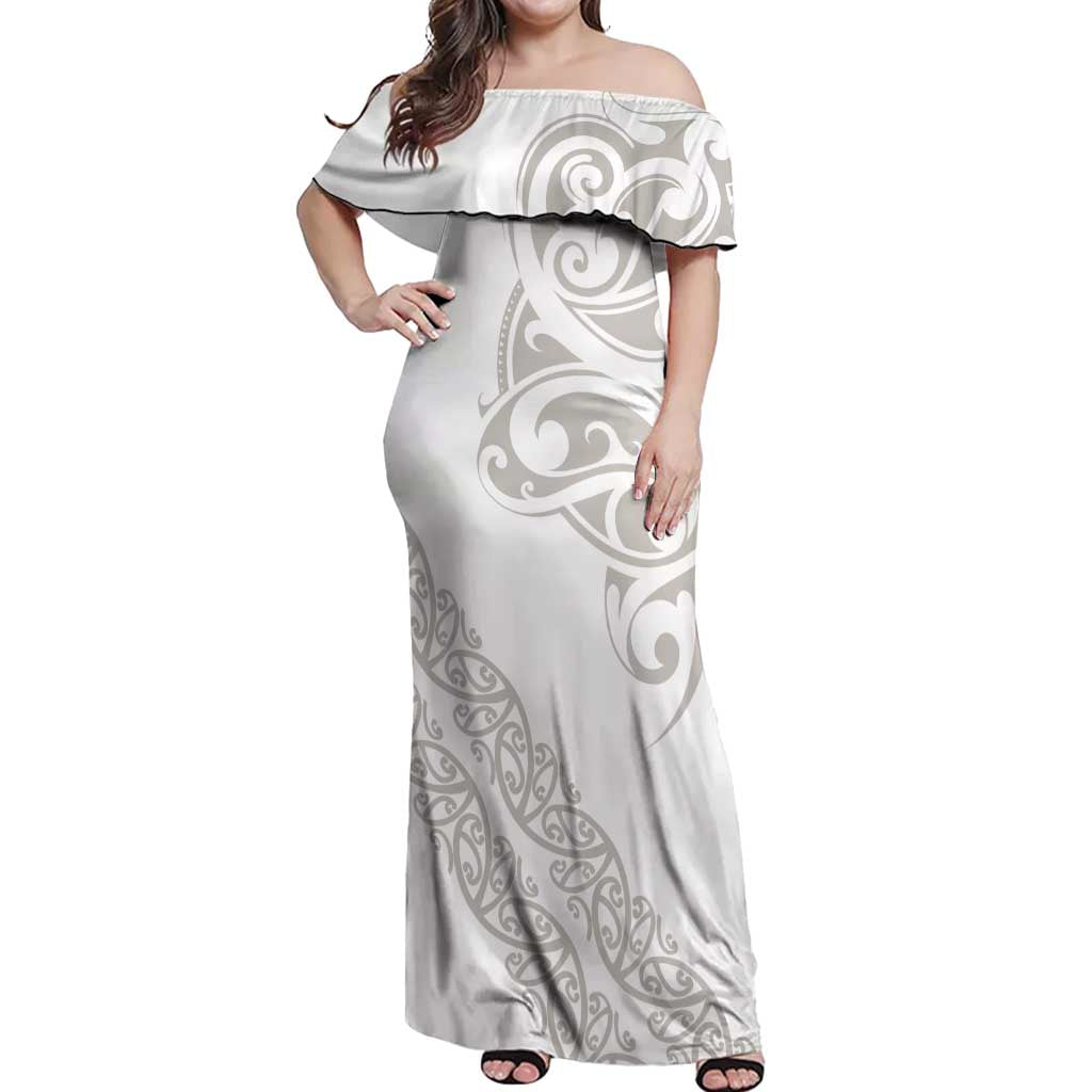 All White Maori Tribal Tattoo Personalised Off Shoulder Maxi Dress Stone Gray Polynesian Style - Polynesian Pride