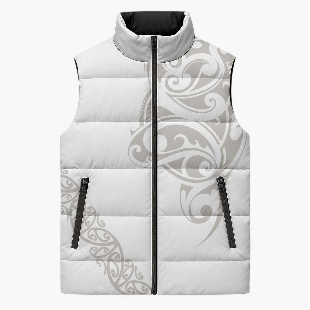 All White Maori Tribal Tattoo Personalised Sleeveless Puffer Jacket Stone Gray Polynesian Style - Polynesian Pride
