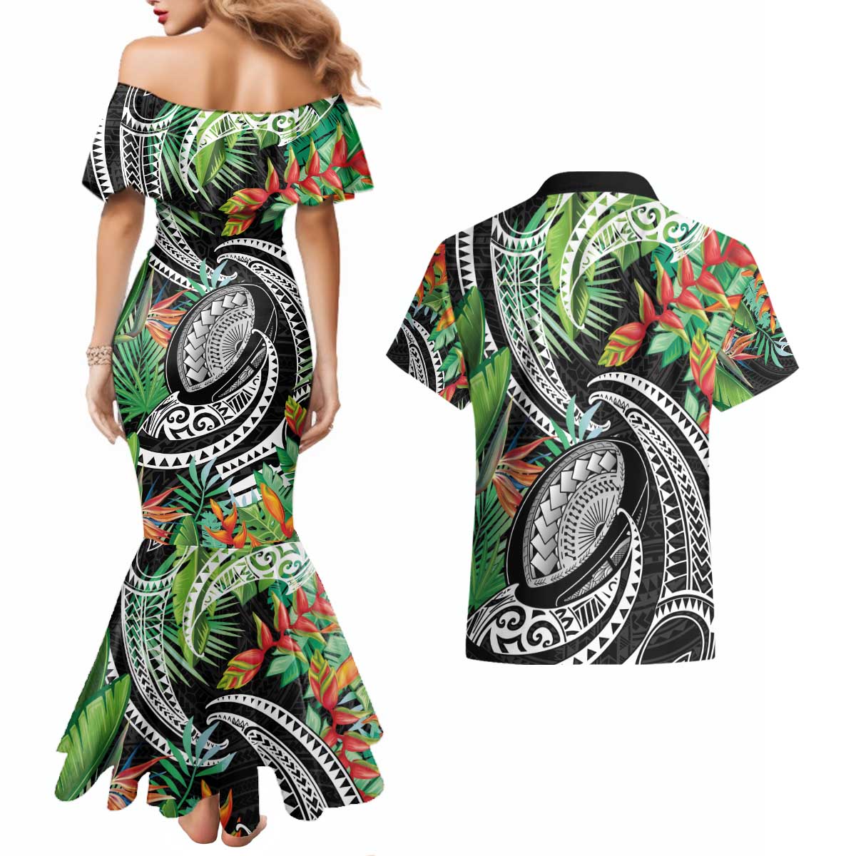 Polynesian Pacific Rugby Tribal Couples Matching Mermaid Dress and Hawaiian Shirt Tropical Vibe