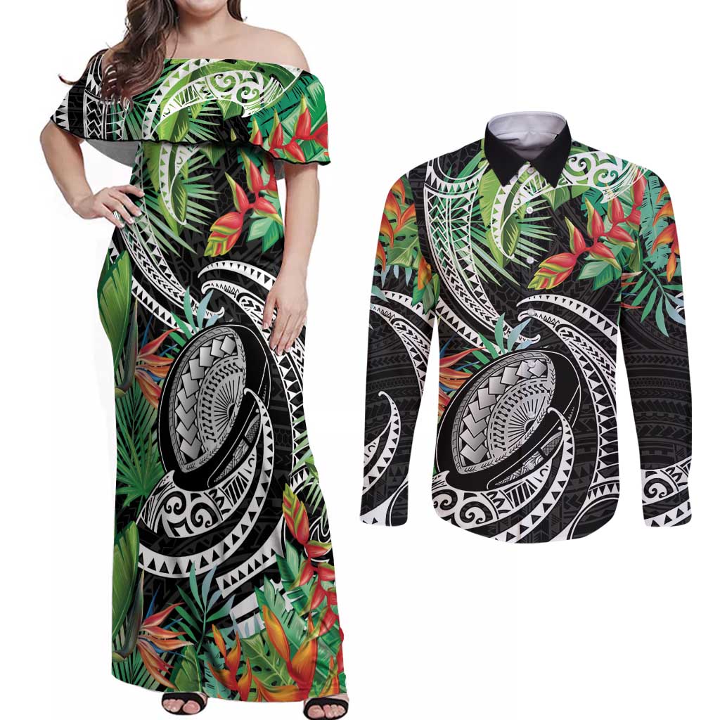 Polynesian Pacific Rugby Tribal Couples Matching Off Shoulder Maxi Dress and Long Sleeve Button Shirt Tropical Vibe
