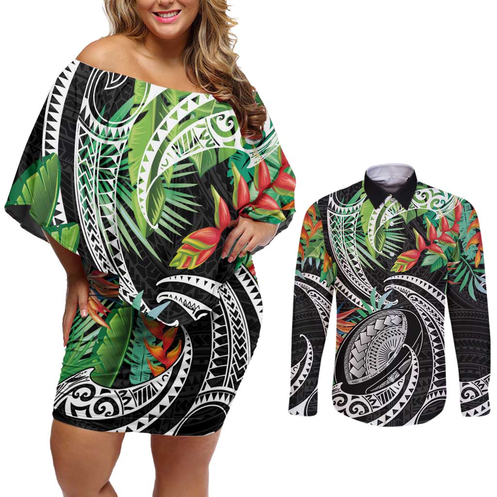 Polynesian Pacific Rugby Tribal Couples Matching Off Shoulder Short Dress and Long Sleeve Button Shirt Tropical Vibe