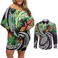 Polynesian Pacific Rugby Tribal Couples Matching Off Shoulder Short Dress and Long Sleeve Button Shirt Tropical Vibe