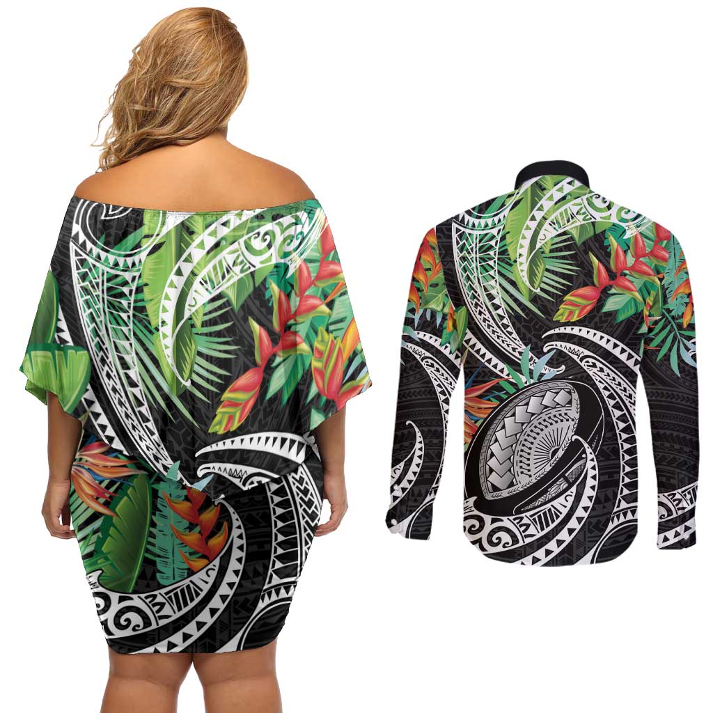 Polynesian Pacific Rugby Tribal Couples Matching Off Shoulder Short Dress and Long Sleeve Button Shirt Tropical Vibe