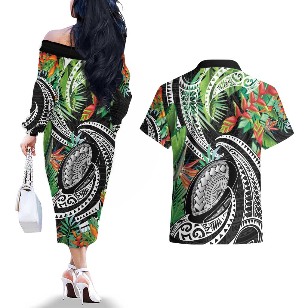 Polynesian Pacific Rugby Tribal Couples Matching Off The Shoulder Long Sleeve Dress and Hawaiian Shirt Tropical Vibe