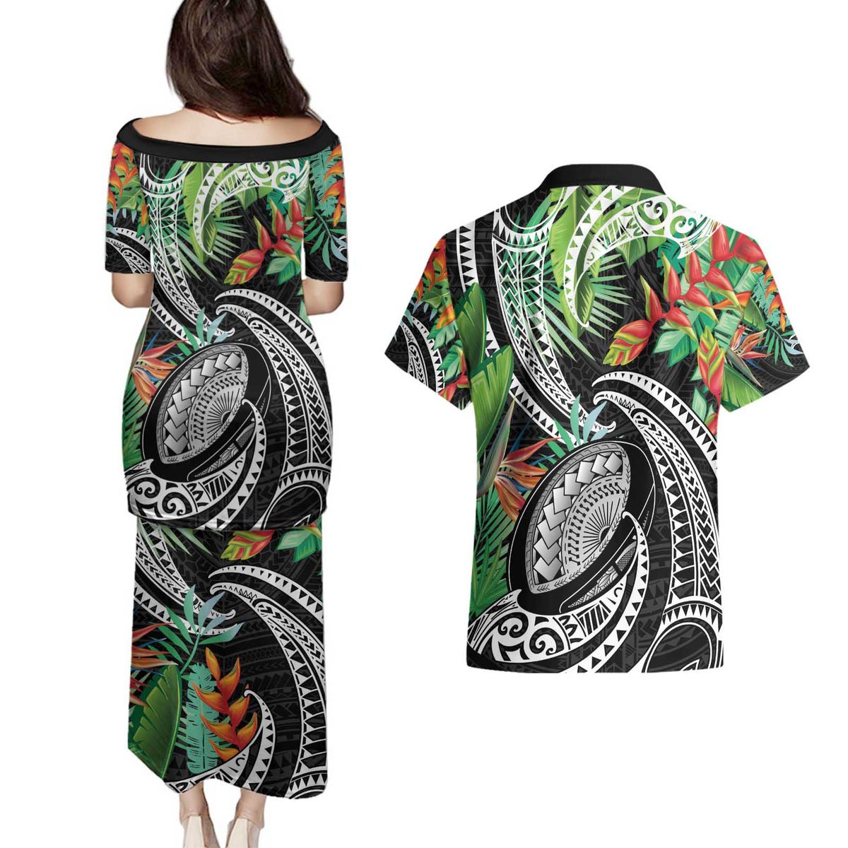 Polynesian Pacific Rugby Tribal Couples Matching Puletasi and Hawaiian Shirt Tropical Vibe