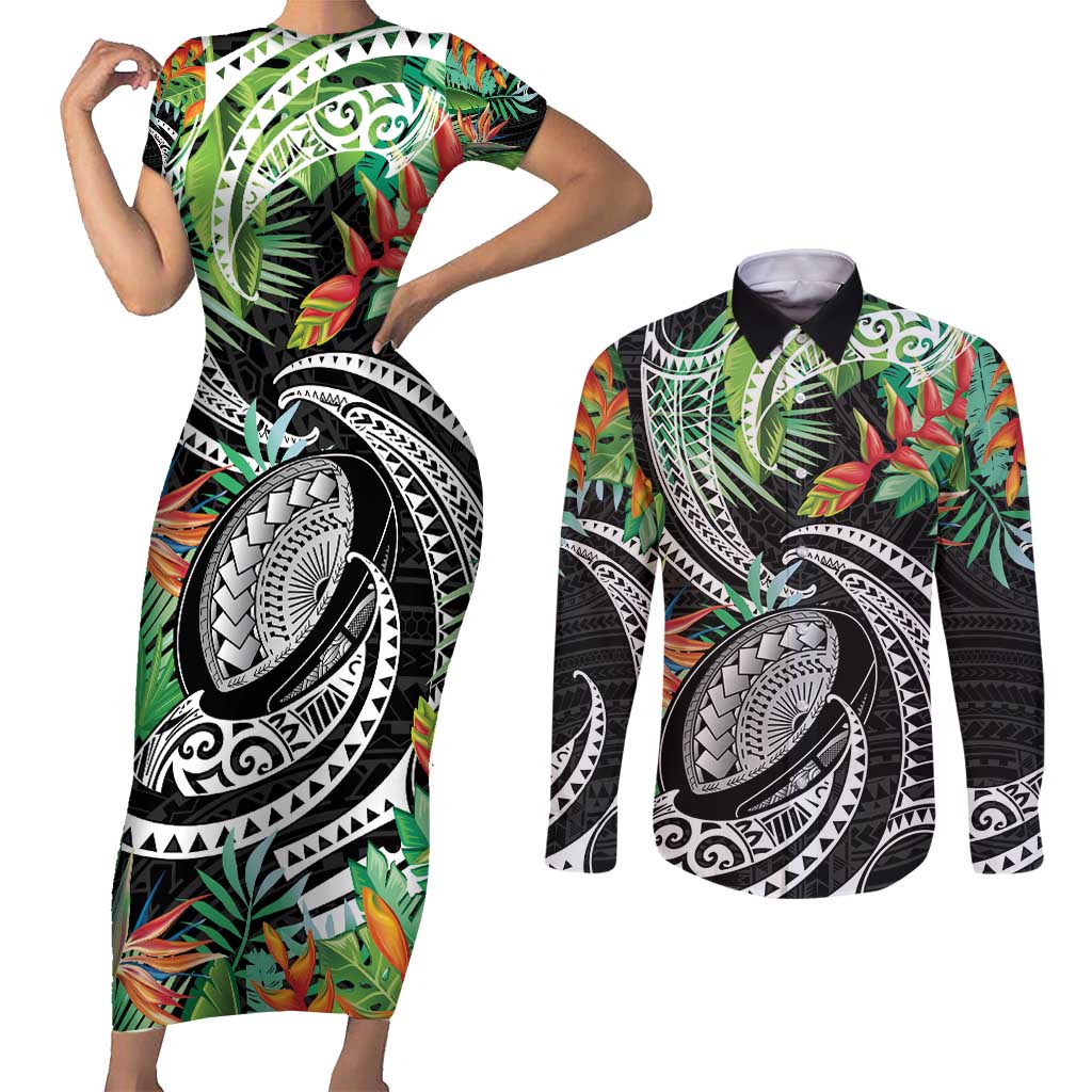 Polynesian Pacific Rugby Tribal Couples Matching Short Sleeve Bodycon Dress and Long Sleeve Button Shirt Tropical Vibe