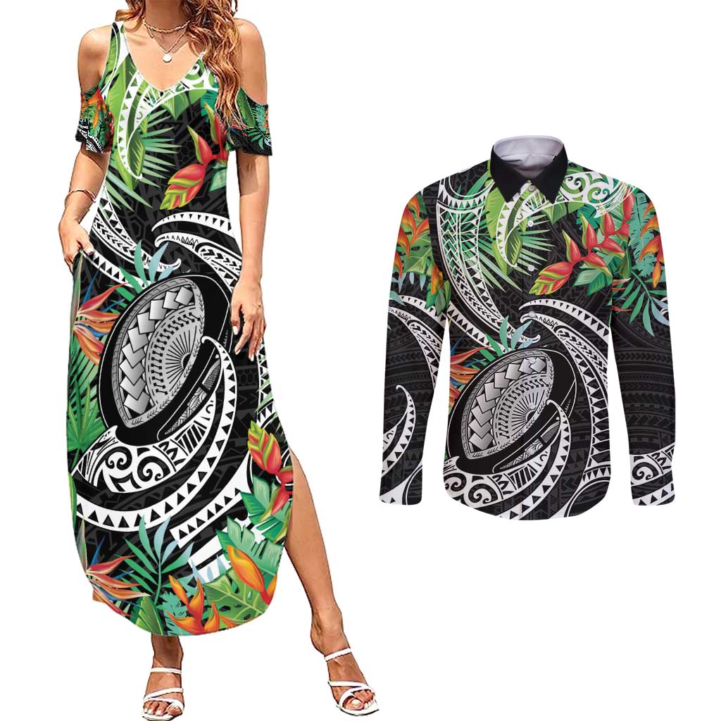 Polynesian Pacific Rugby Tribal Couples Matching Summer Maxi Dress and Long Sleeve Button Shirt Tropical Vibe