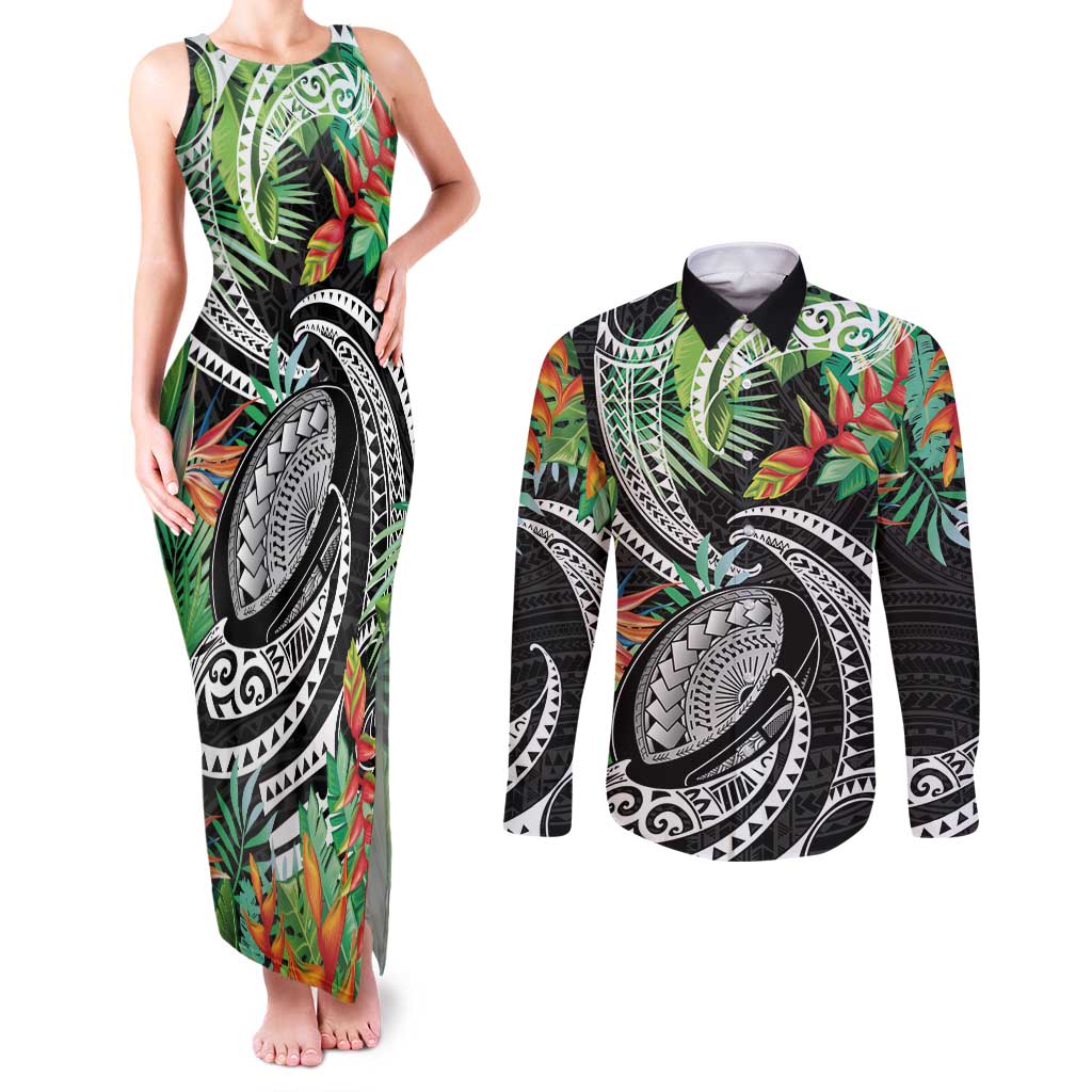 Polynesian Pacific Rugby Tribal Couples Matching Tank Maxi Dress and Long Sleeve Button Shirt Tropical Vibe