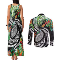 Polynesian Pacific Rugby Tribal Couples Matching Tank Maxi Dress and Long Sleeve Button Shirt Tropical Vibe