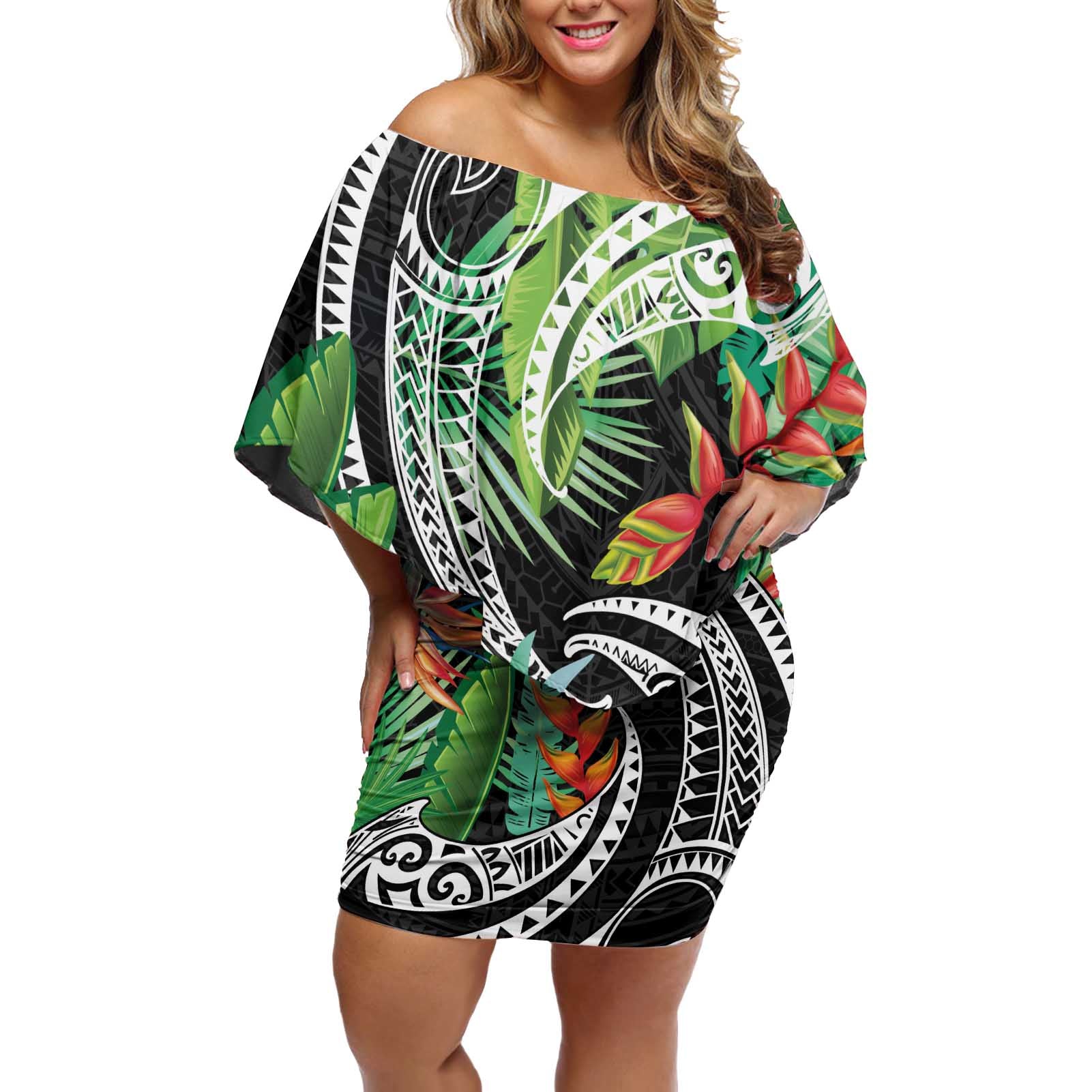 Polynesian Pacific Rugby Tribal Off Shoulder Short Dress Tropical Vibe