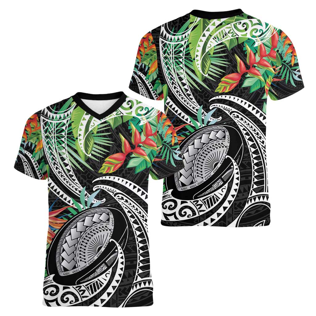 Polynesian Pacific Rugby Tribal Women V-Neck T-Shirt Tropical Vibe
