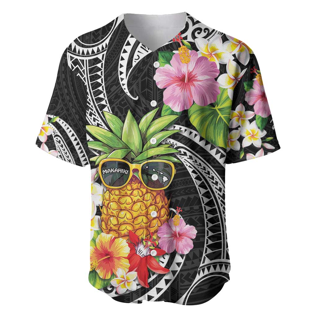 Hau'oli Makahiki Hou Baseball Jersey Aloha Pineapple Tropical Vibe LT9 Black - Polynesian Pride