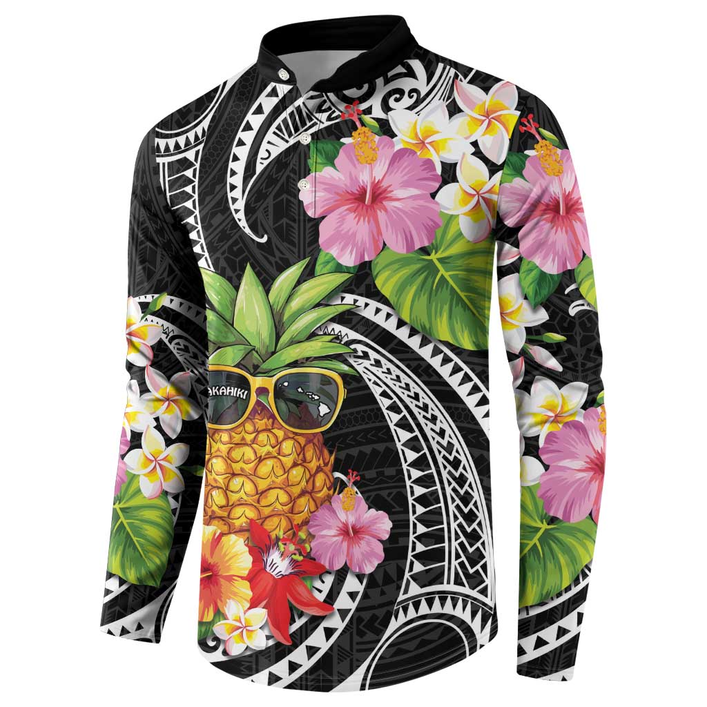 Hau'oli Makahiki Hou Button Sweatshirt Aloha Pineapple Tropical Vibe