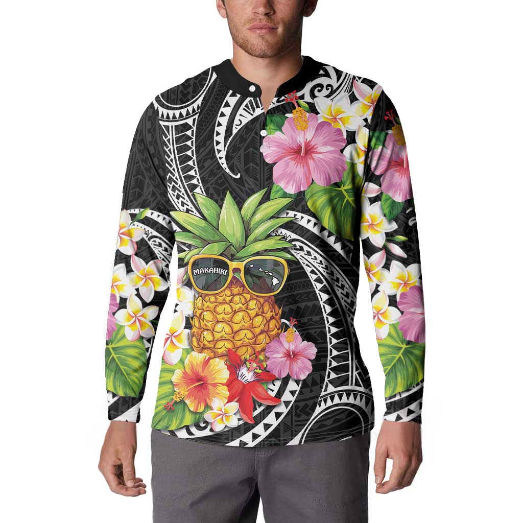 Hau'oli Makahiki Hou Button Sweatshirt Aloha Pineapple Tropical Vibe