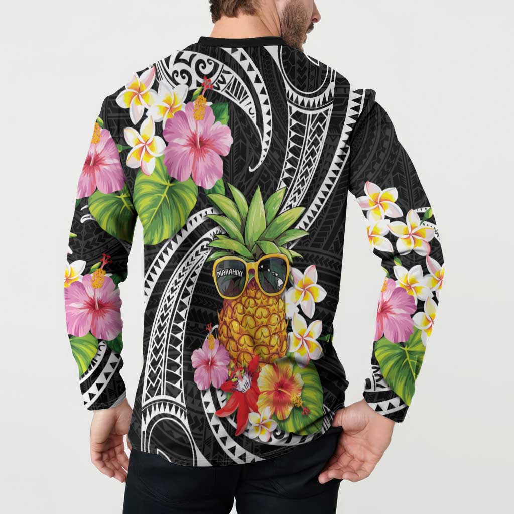 Hau'oli Makahiki Hou Button Sweatshirt Aloha Pineapple Tropical Vibe