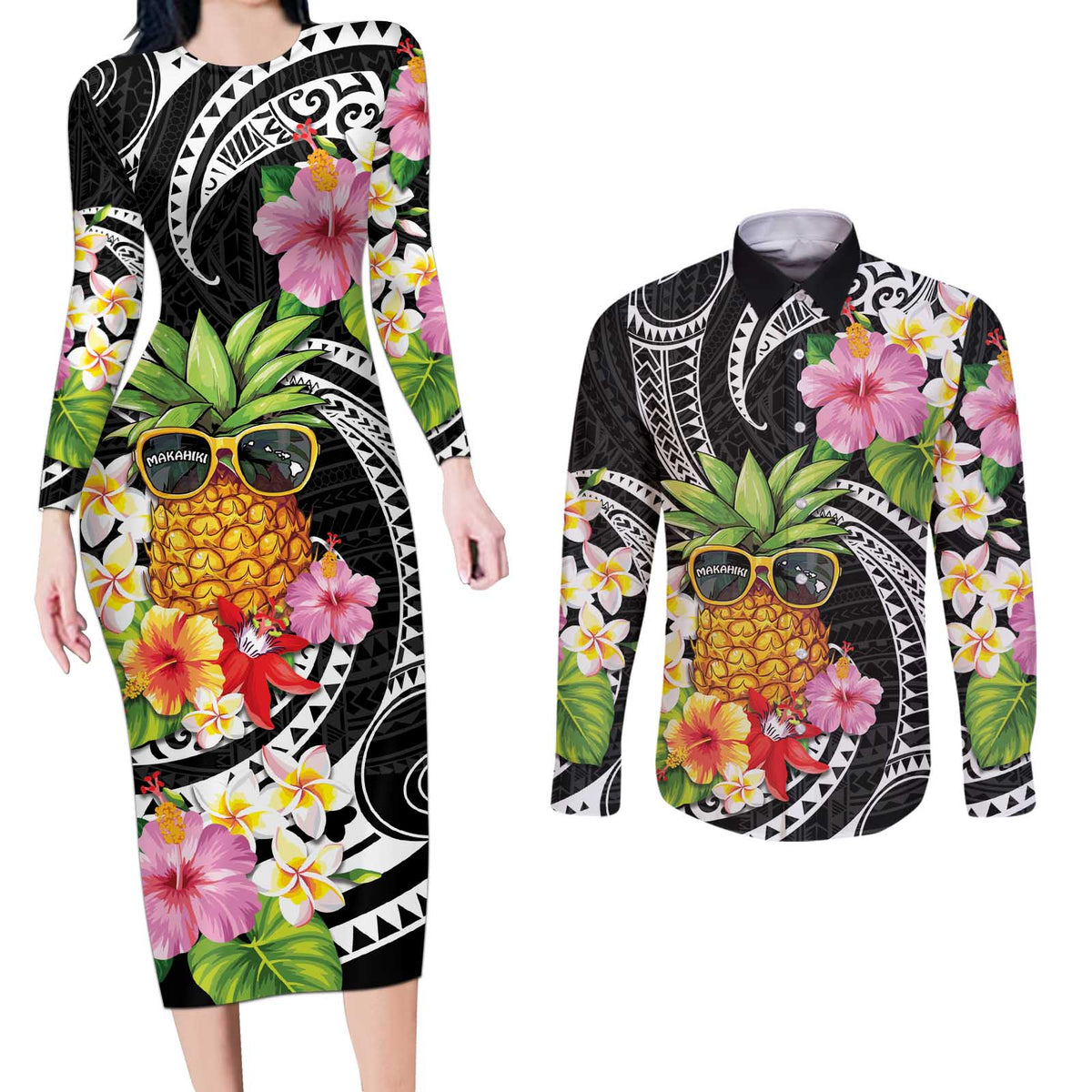Hau'oli Makahiki Hou Couples Matching Long Sleeve Bodycon Dress and Long Sleeve Button Shirt Aloha Pineapple Tropical Vibe