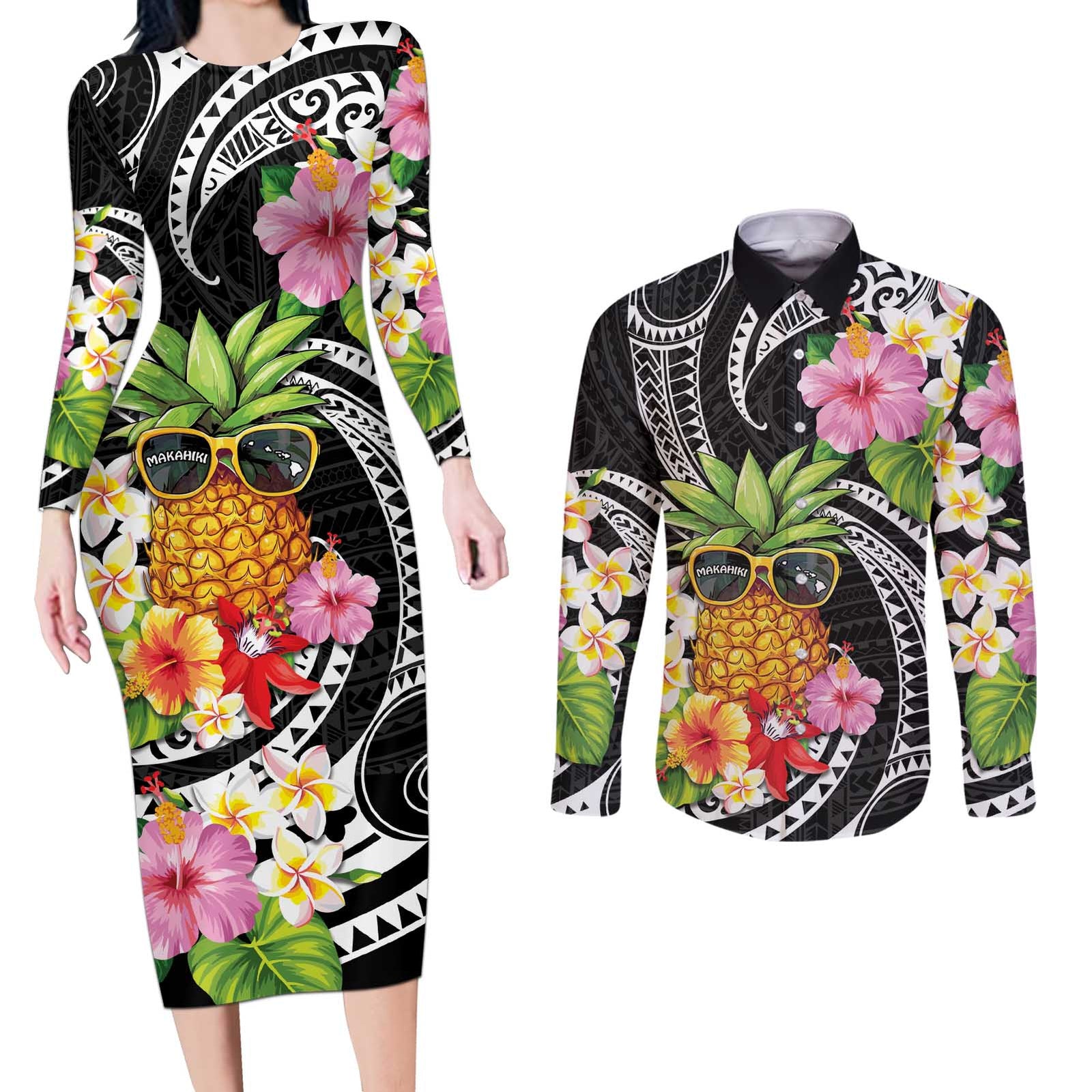 Hau'oli Makahiki Hou Couples Matching Long Sleeve Bodycon Dress and Long Sleeve Button Shirt Aloha Pineapple Tropical Vibe