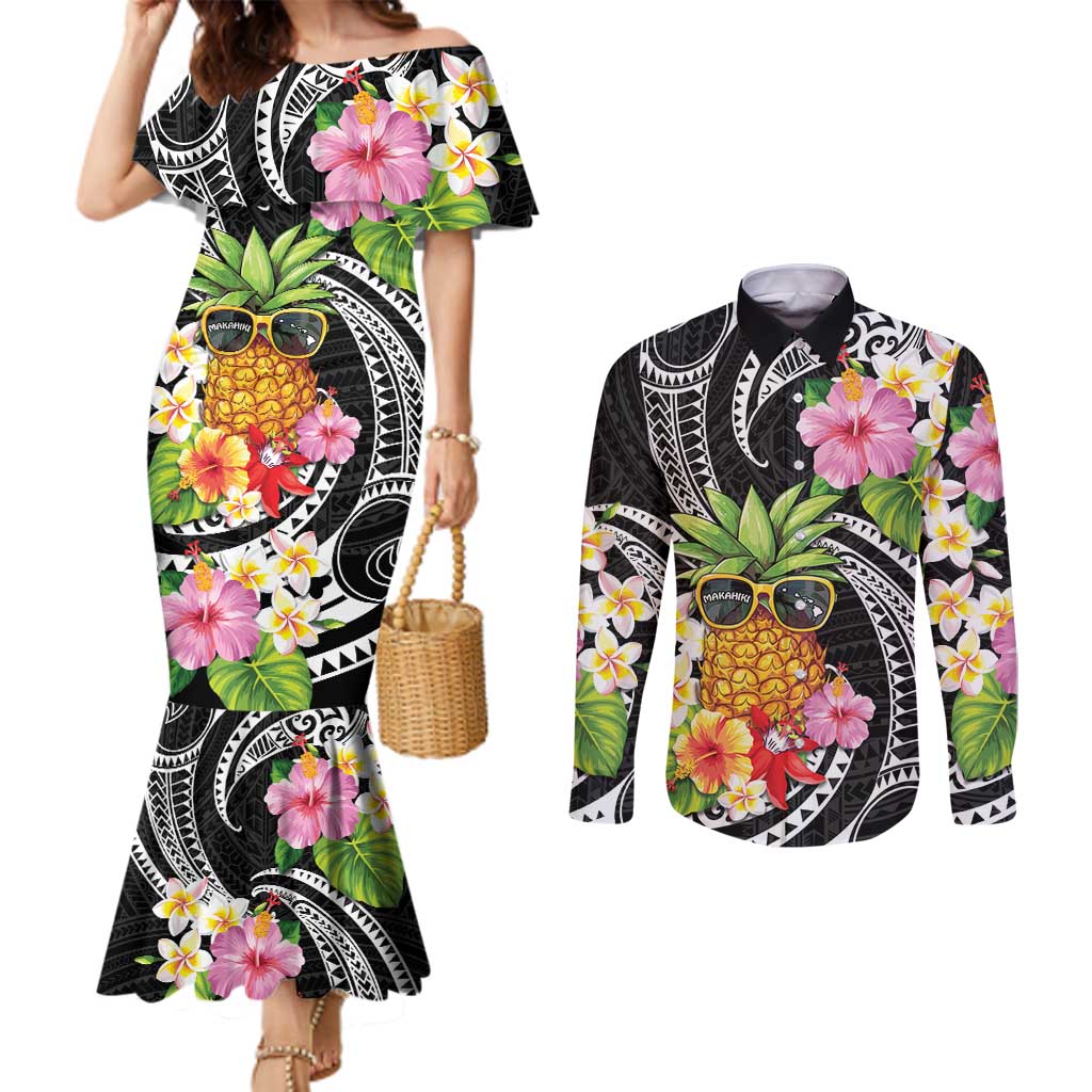 Hau'oli Makahiki Hou Couples Matching Mermaid Dress and Long Sleeve Button Shirt Aloha Pineapple Tropical Vibe