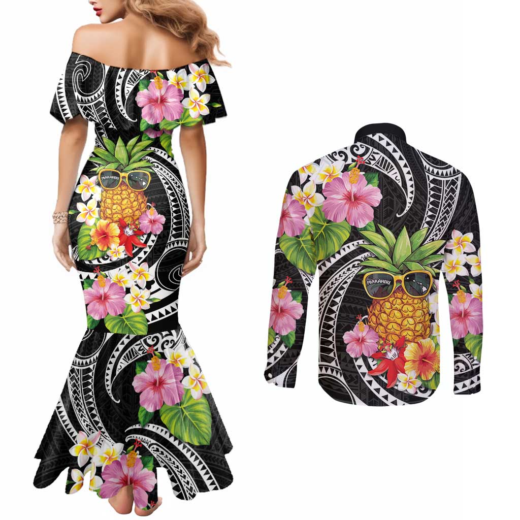 Hau'oli Makahiki Hou Couples Matching Mermaid Dress and Long Sleeve Button Shirt Aloha Pineapple Tropical Vibe