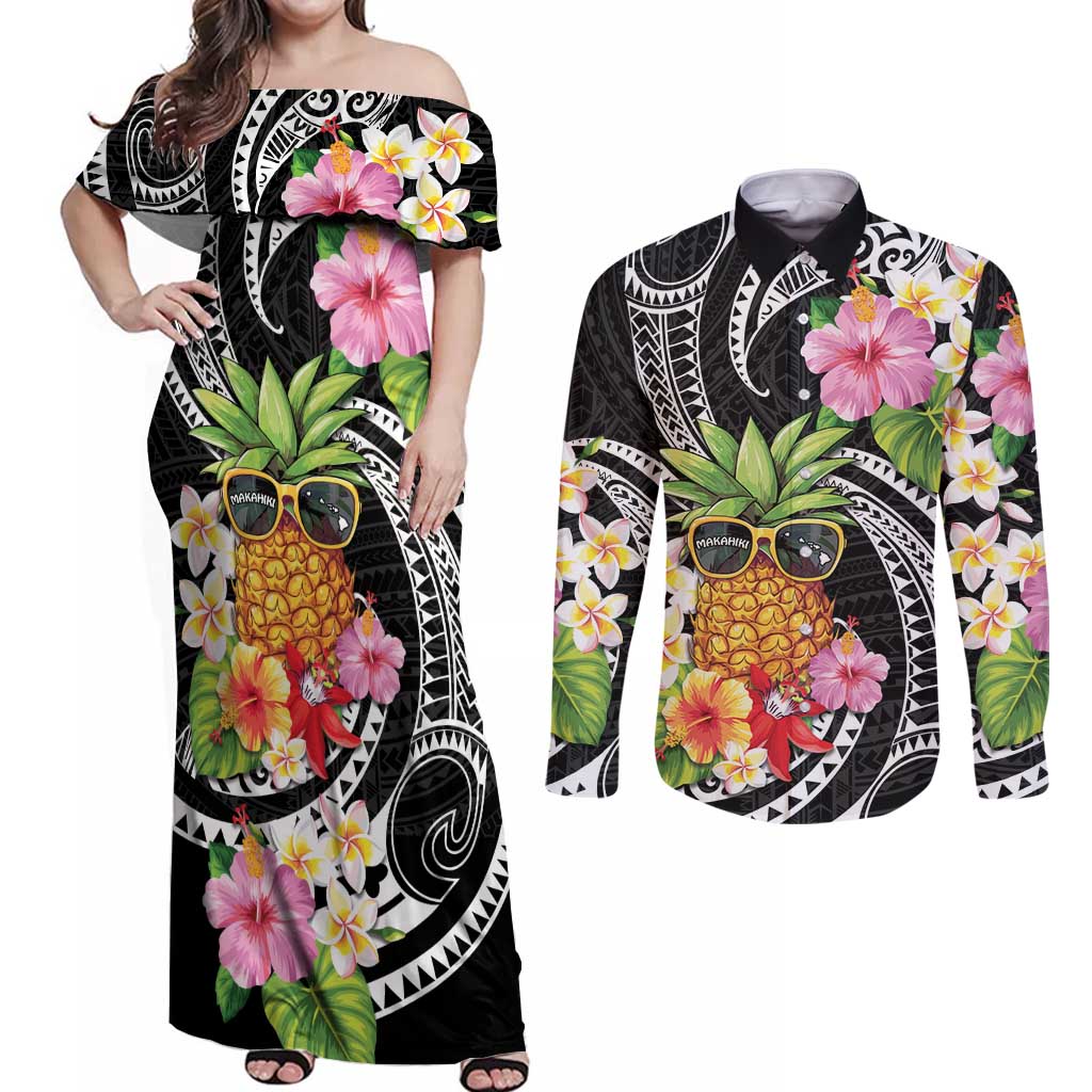Hau'oli Makahiki Hou Couples Matching Off Shoulder Maxi Dress and Long Sleeve Button Shirt Aloha Pineapple Tropical Vibe