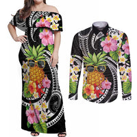 Hau'oli Makahiki Hou Couples Matching Off Shoulder Maxi Dress and Long Sleeve Button Shirt Aloha Pineapple Tropical Vibe