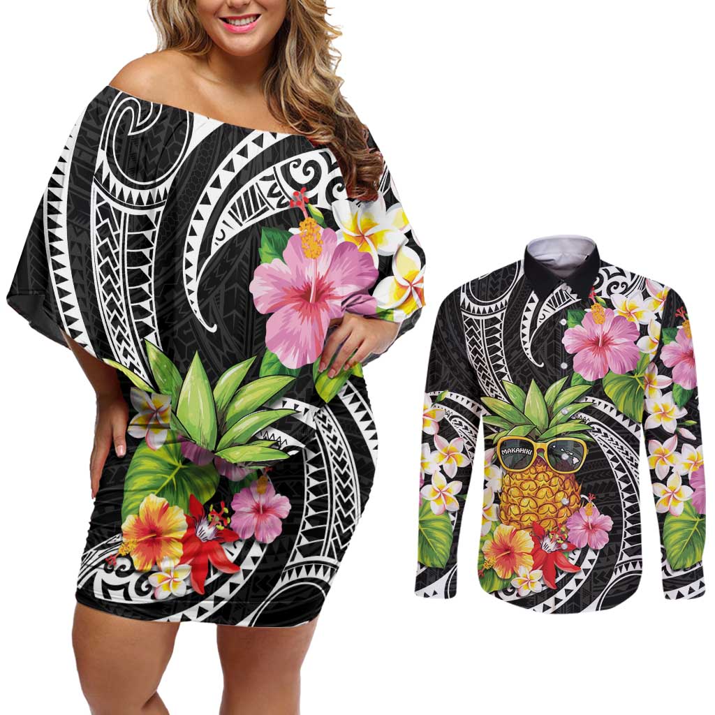 Hau'oli Makahiki Hou Couples Matching Off Shoulder Short Dress and Long Sleeve Button Shirt Aloha Pineapple Tropical Vibe