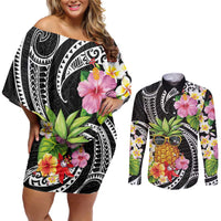 Hau'oli Makahiki Hou Couples Matching Off Shoulder Short Dress and Long Sleeve Button Shirt Aloha Pineapple Tropical Vibe