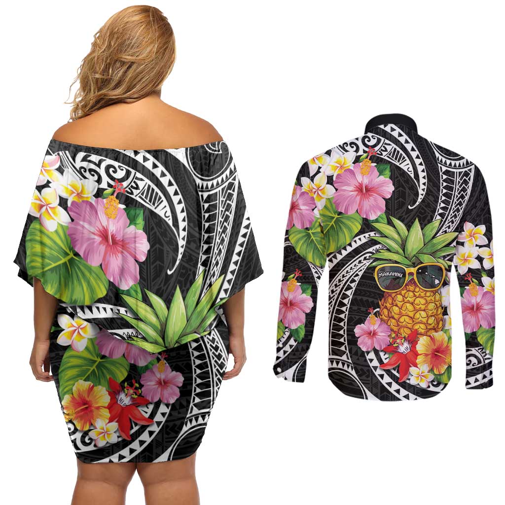 Hau'oli Makahiki Hou Couples Matching Off Shoulder Short Dress and Long Sleeve Button Shirt Aloha Pineapple Tropical Vibe