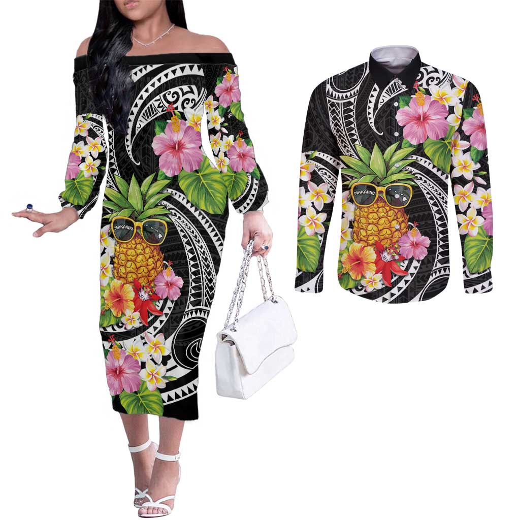 Hau'oli Makahiki Hou Couples Matching Off The Shoulder Long Sleeve Dress and Long Sleeve Button Shirt Aloha Pineapple Tropical Vibe